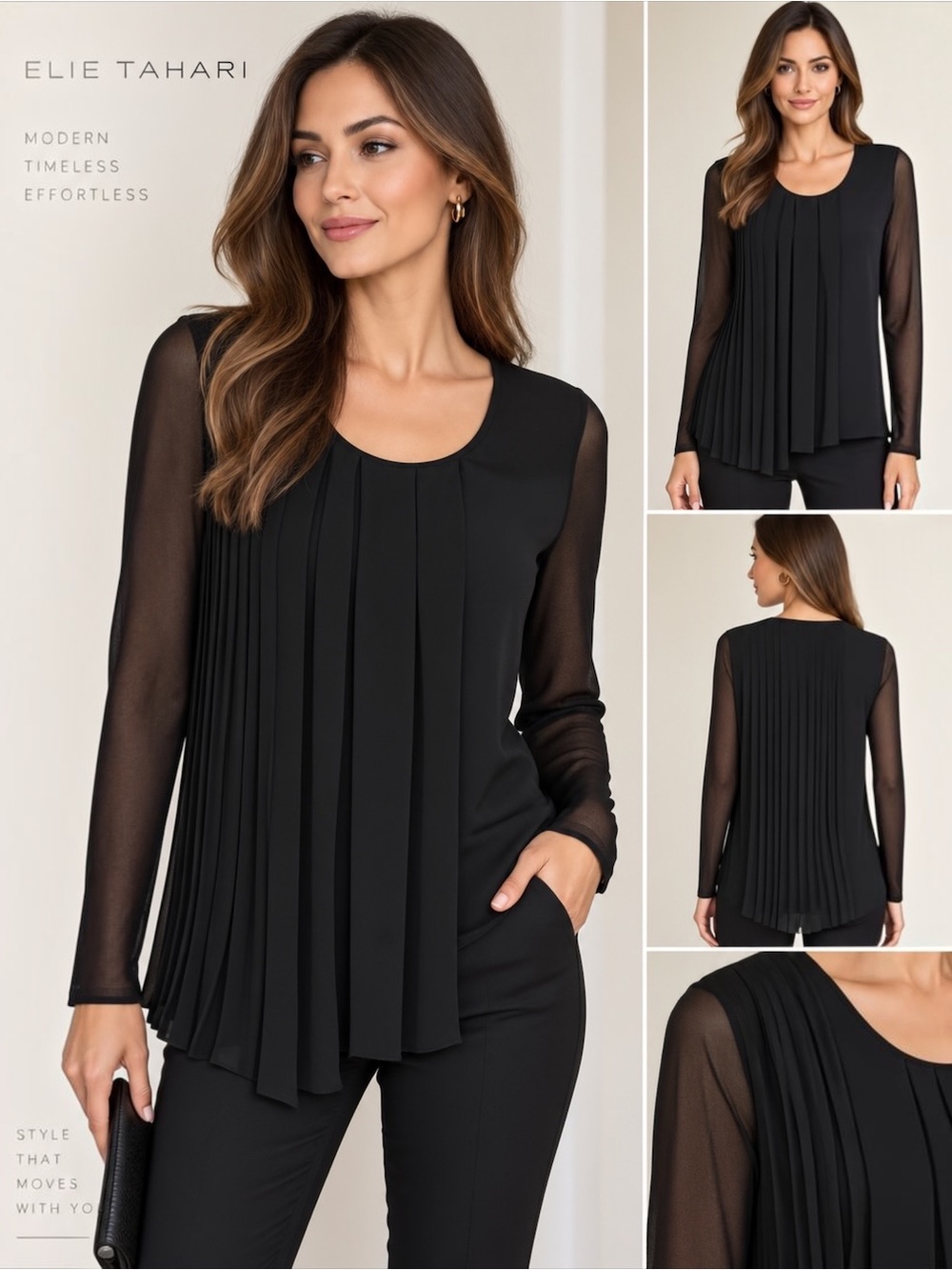 Elie Tahari Black Pleated Front Long Sheer Sleeve Asymmetrical Blouse - NWOT